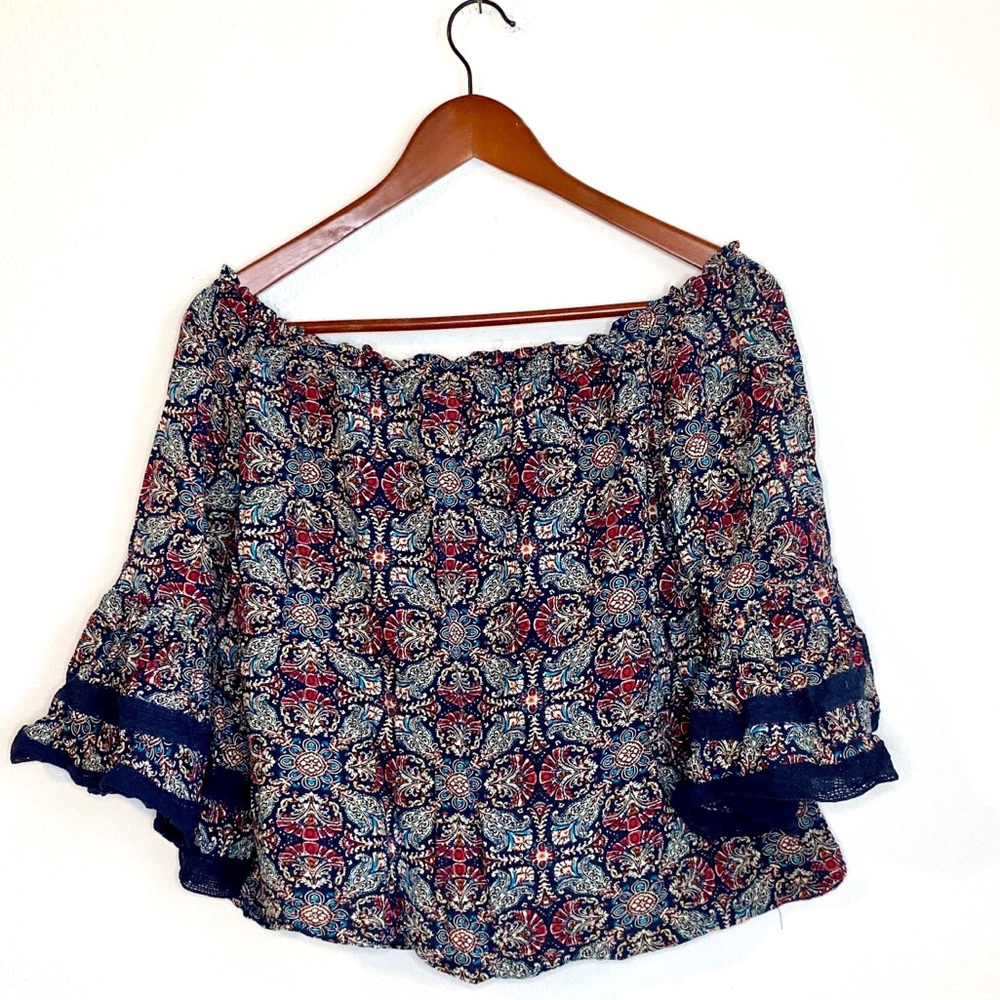 SOLITAIRE Boho Paisley Off Shoulder Blue Blouse